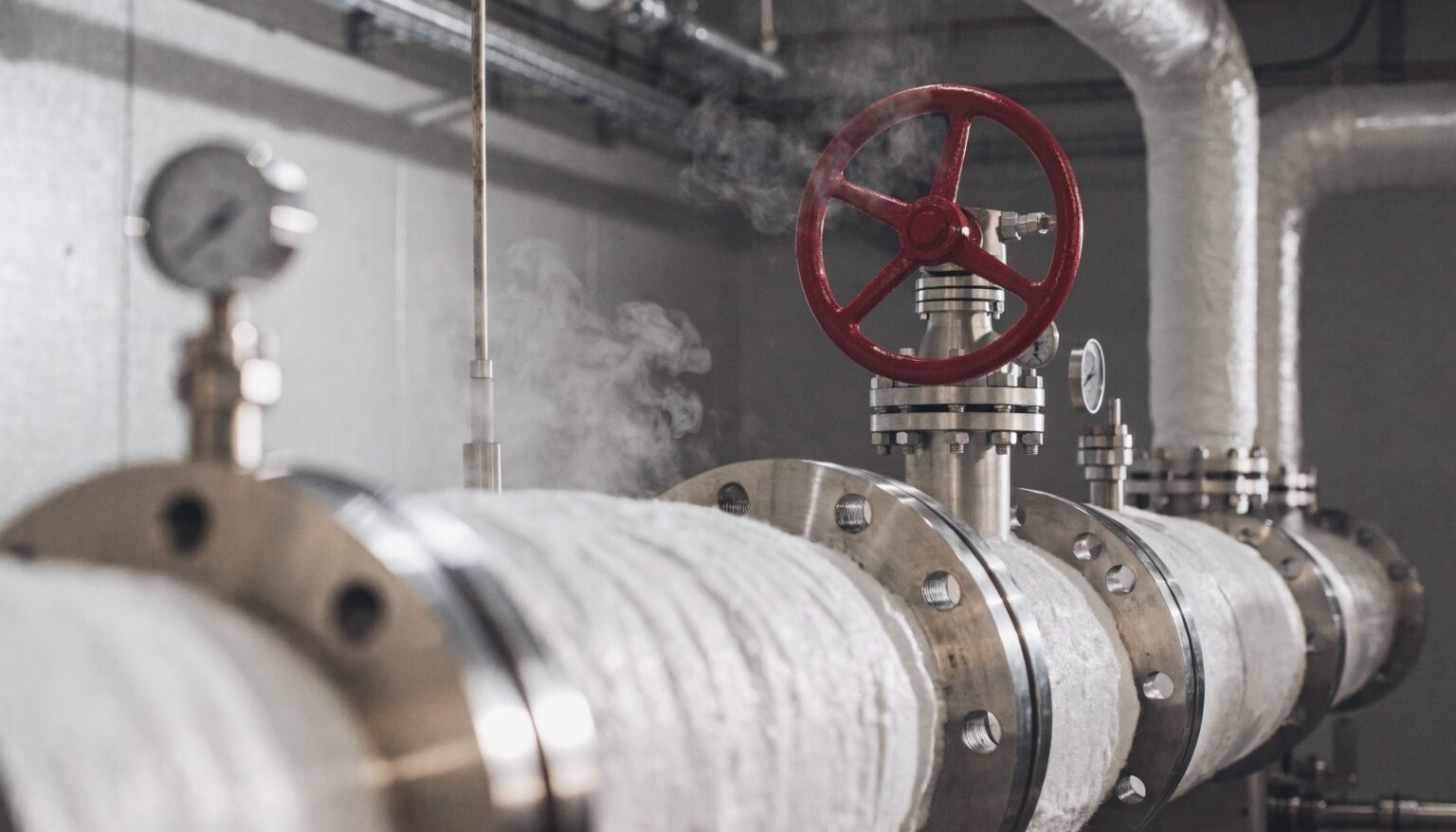 Industrielle Dampfstation mit isolierten Rohren, Armatur mit rotem Handrad und Manometern