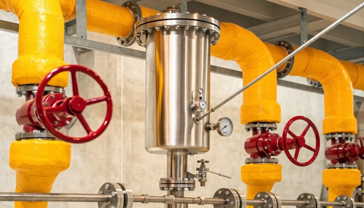 Edelstahl-Feintrockner mit Manometer und Thermometer im gedämmten Dampfnetz mit roten Absperrventilen