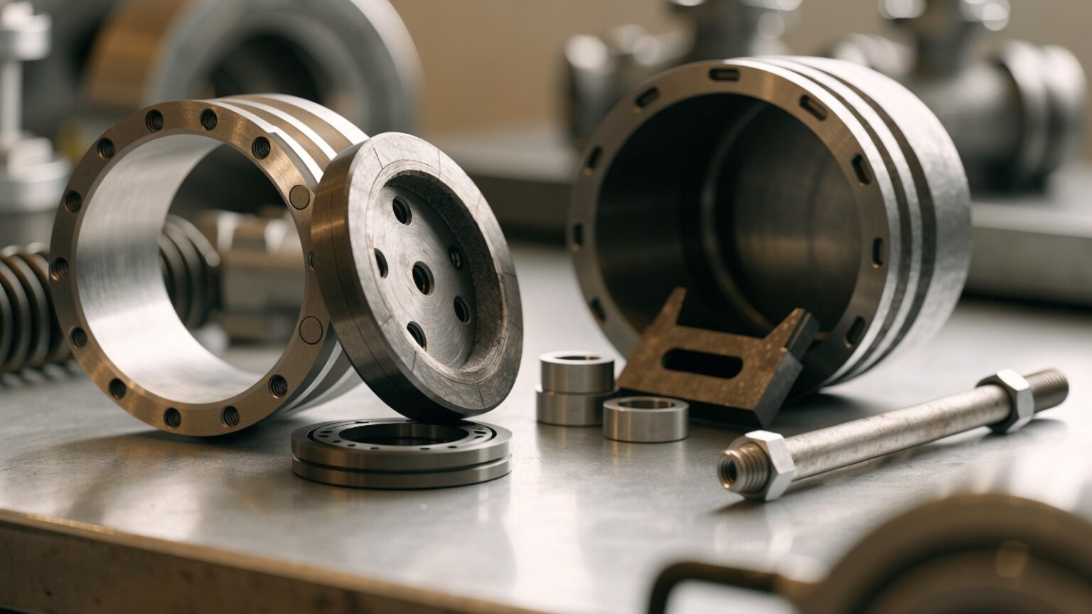 Zerlegte Industriearmatur auf der Werkbank mit Dichtflächen und Sitz zur Prüfung von Riefen an Absperrklappen, Schiebern und Ventilen