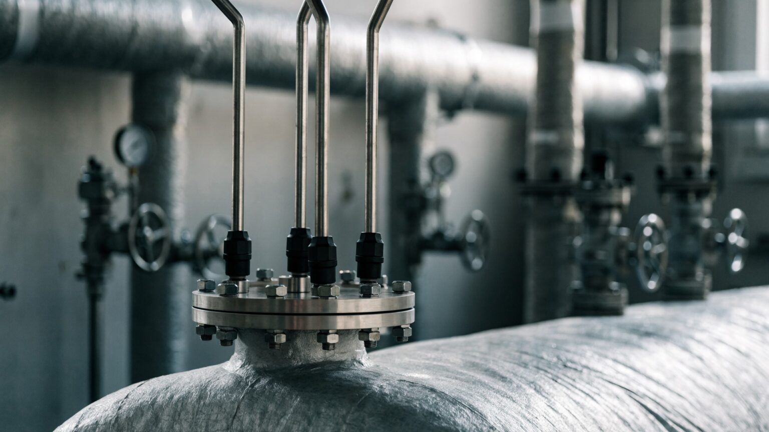IGEMA Kesselüberwachung: Niveauelektroden in einem Elektrodenflansch auf einem isolierten Industrie-Dampfkessel im Kesselhaus